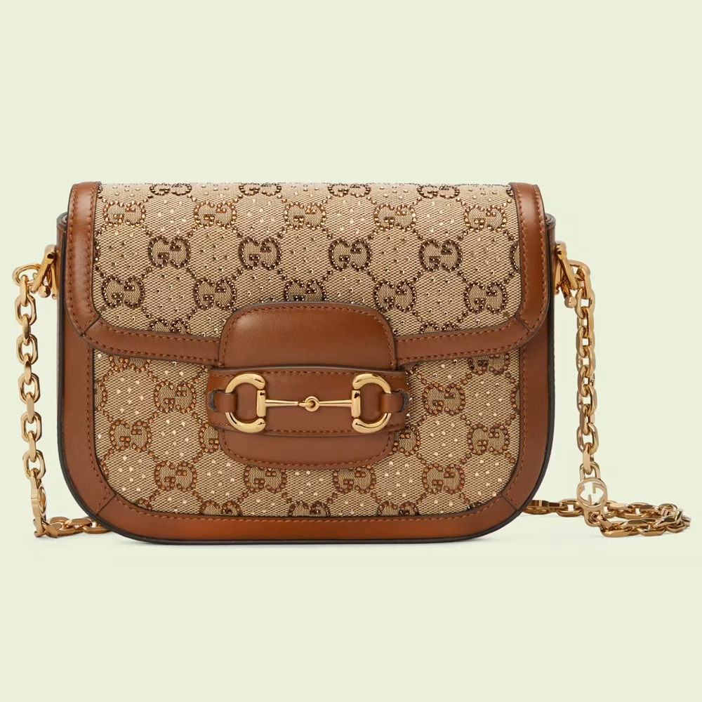 Gucci Horsebit 1955 Mini Chain Bag in GG Supreme with Crystals GGBS10449