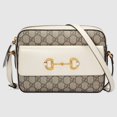 Gucci Horsebit 1955 Small Shoulder Bag in GG Canvas with White Leather GGBS10522