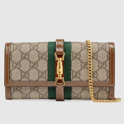 Gucci Jackie 1961 Chain Wallet in GG Canvas with Brown Leather GGBS11012