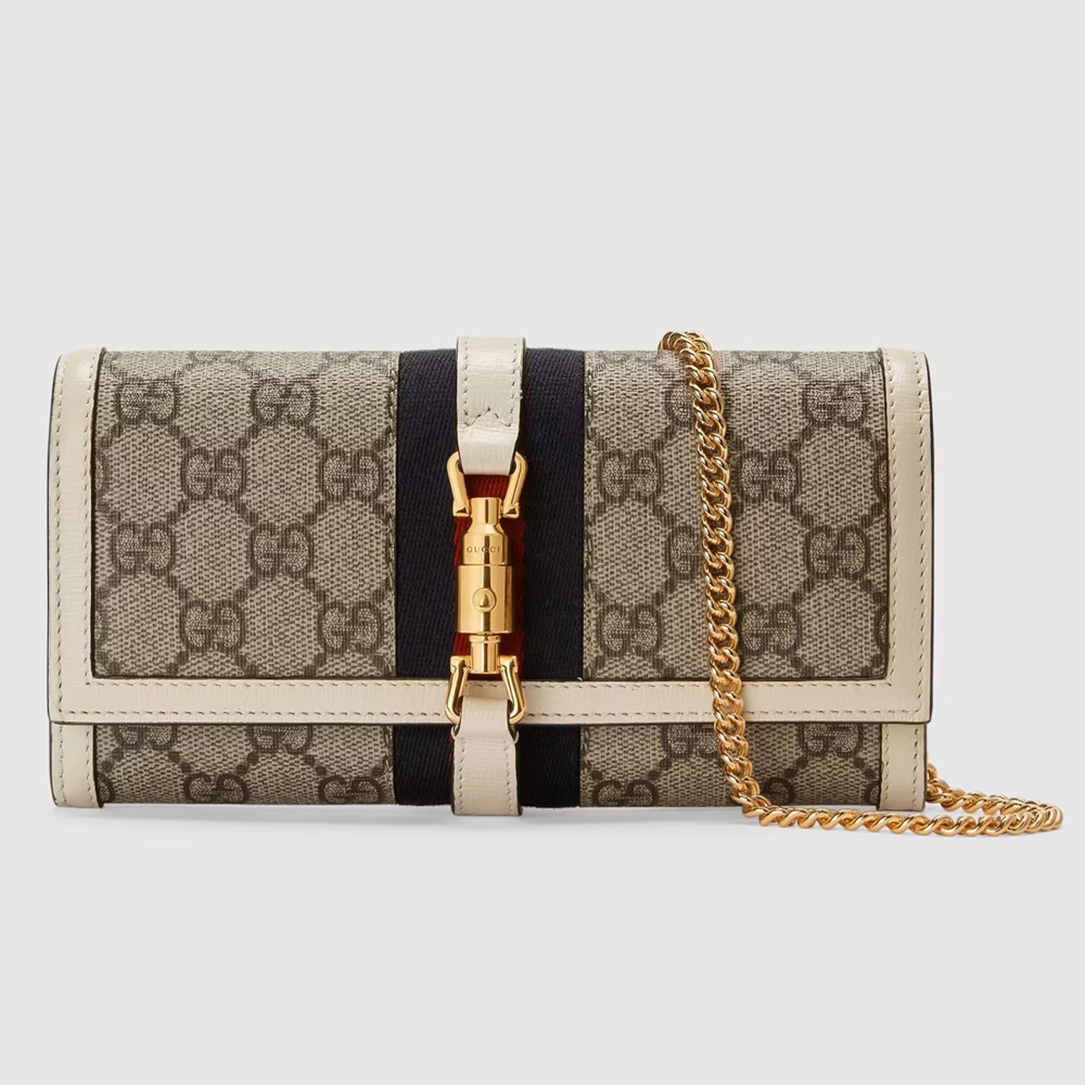 Gucci Jackie 1961 Chain Wallet in GG Canvas with White Leather GGBS11013