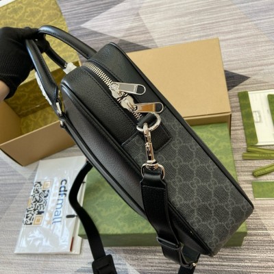 Gucci Medium Briefcase in Black Leather with GG Supreme Canvas GGBS10150