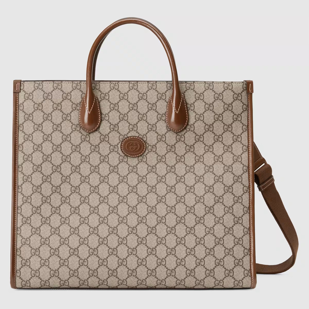 Gucci Medium Tote Bag in Beige GG Supreme Canvas with Brown Leather GGBS10895