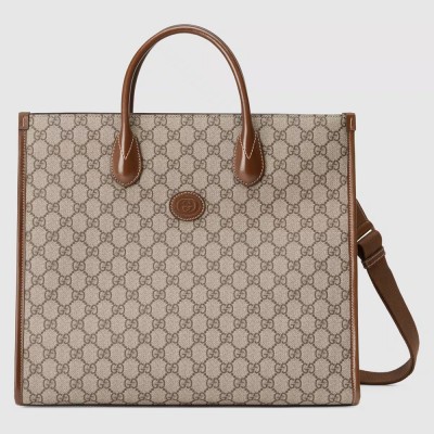 Gucci Medium Tote Bag in Beige GG Supreme Canvas with Brown Leather GGBS10895