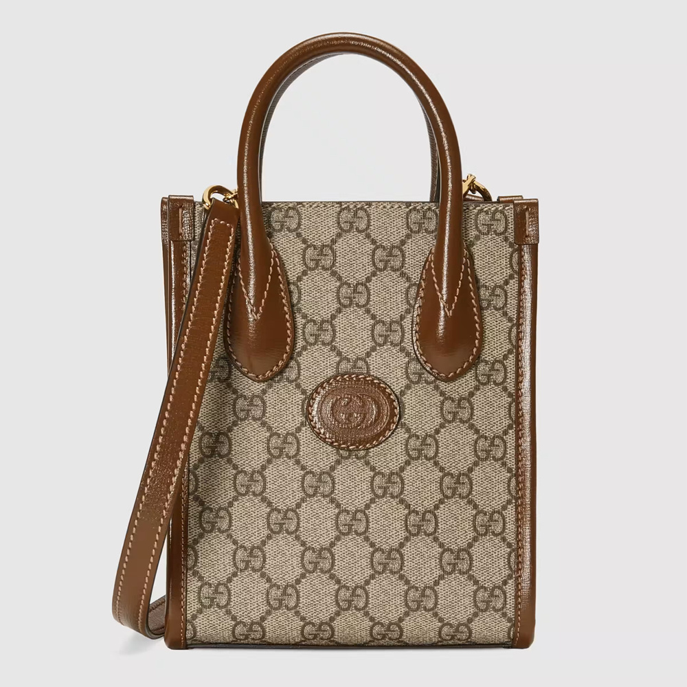 Gucci Mini Tote Bag in Beige GG Supreme Canvas with Brown Leather GGBS10660