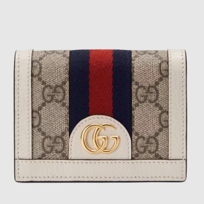 Gucci Ophidia Card Case Wallet in Beige Canvas with White Leather GGBS11016