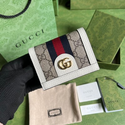 Gucci Ophidia Card Case Wallet in Beige Canvas with White Leather GGBS11016