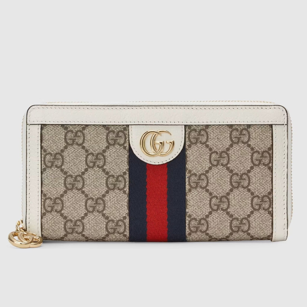 Gucci Ophidia Zip Around Wallet in Beige Canvas with White Leather GGBS11028