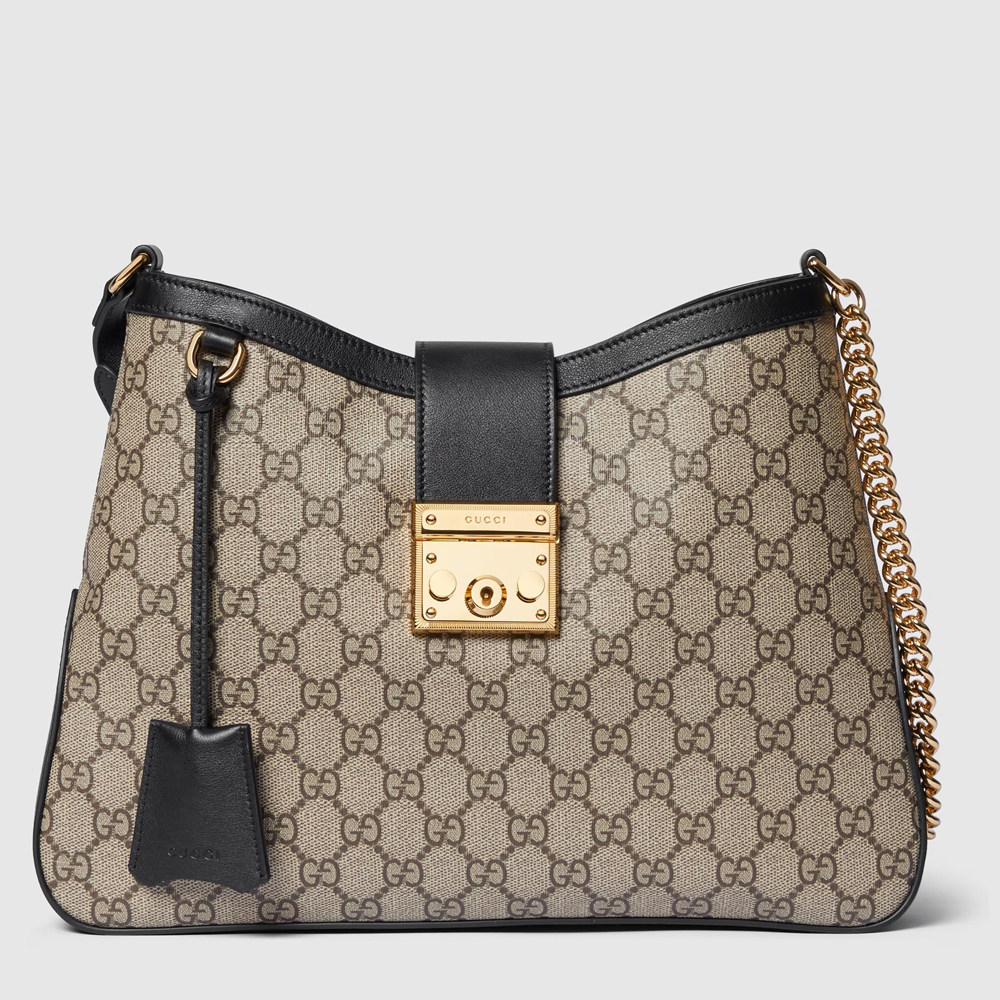 Gucci Padlock Medium Shoulder Bag in GG Canvas with Black Calfskin GGBS10828