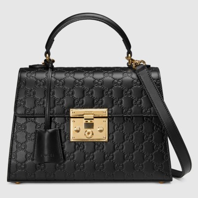 Gucci Padlock Small Top Handle Bag in Black Signature Leather GGBS10869