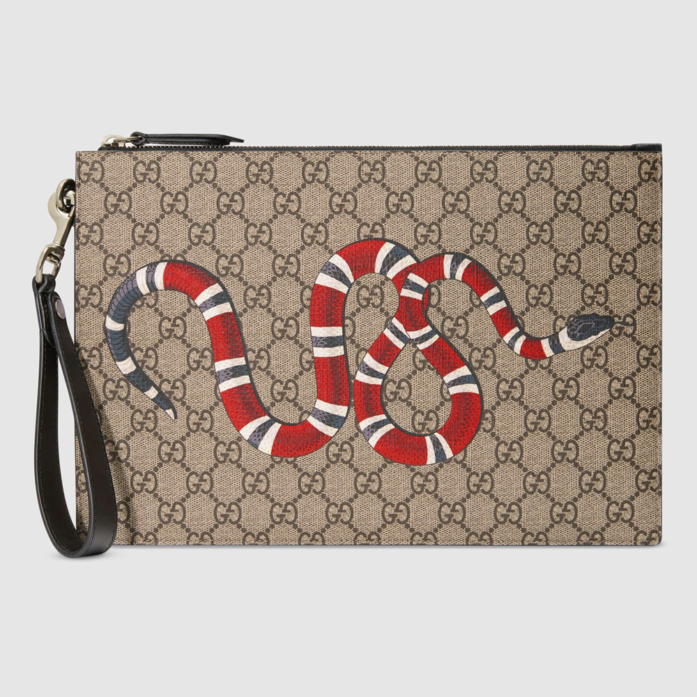 Gucci Portfolio Pouch in Beige GG Supreme with Kingsnake Print GGBS10764