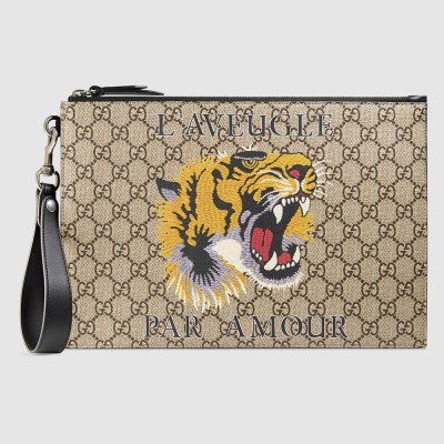 Gucci Portfolio Pouch in Beige GG Supreme with Tiger Print GGBS10765