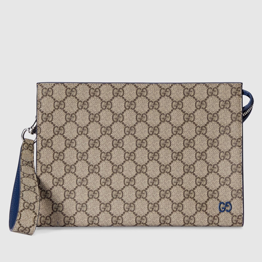 Gucci Portfolio Pouch in Beige Supreme Canvas with Blue Leather GGBS10766