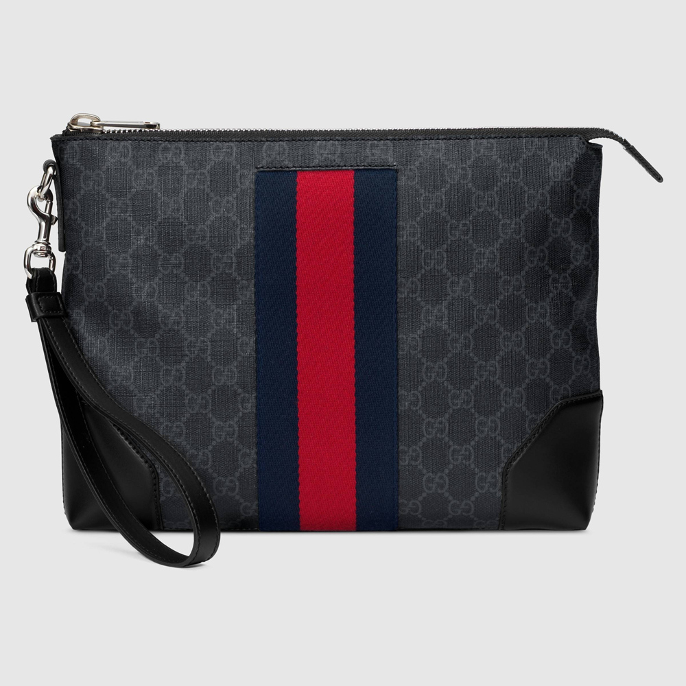 Gucci Portfolio Pouch in Black GG Canvas with Web GGBS10769