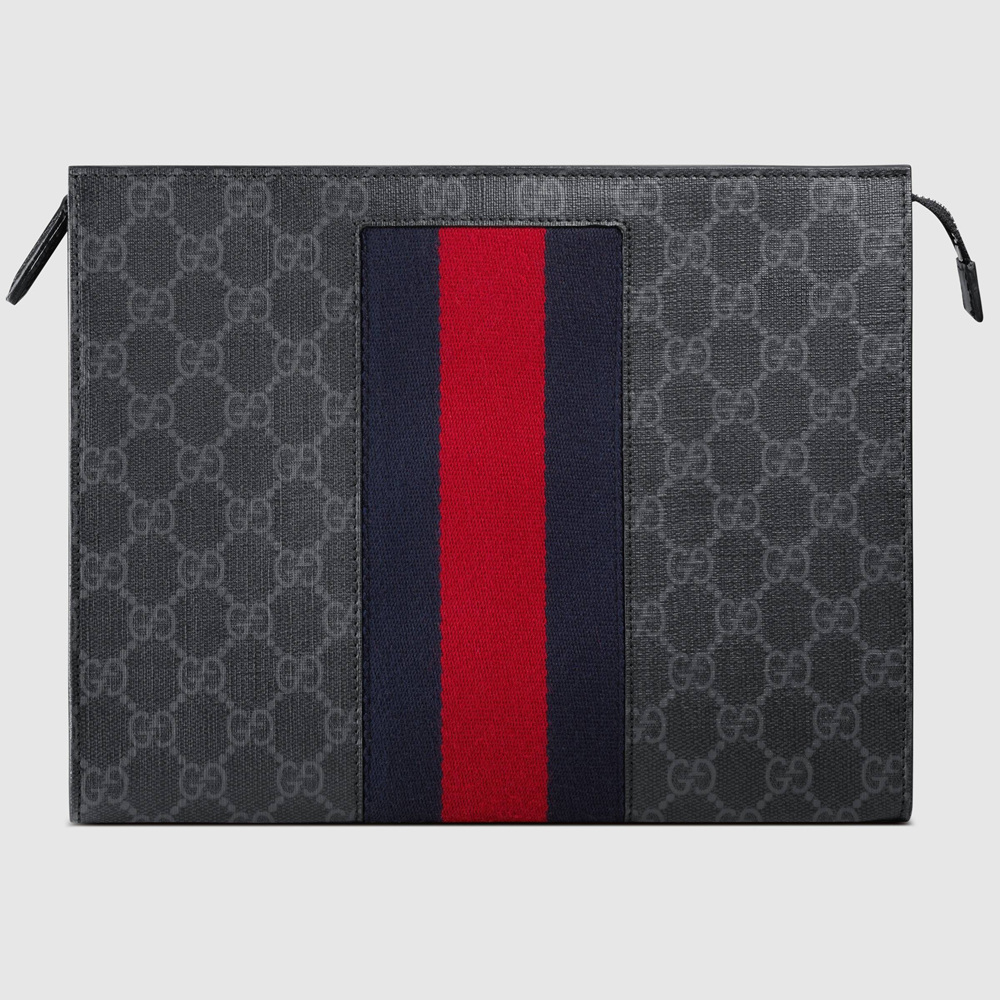 Gucci Portfolio Pouch in Black GG Supreme Canvas with Web GGBS10771