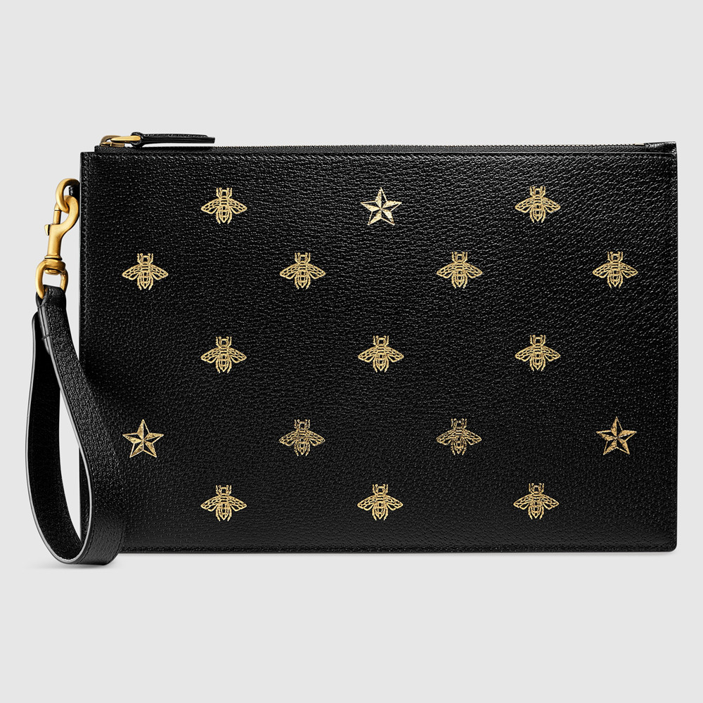 Gucci Portfolio Pouch in Black Leather with Bee and Star GGBS10772