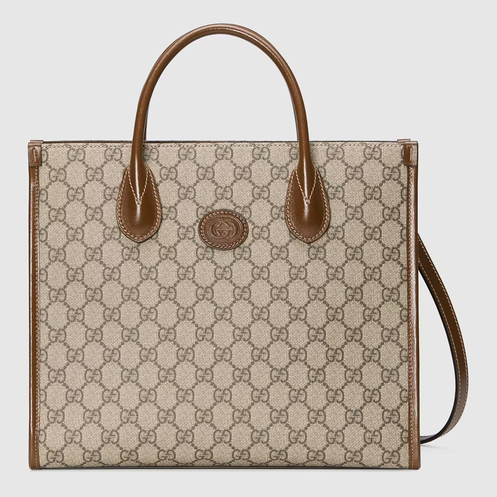 Gucci Small Tote Bag in Beige GG Supreme Canvas with Brown Leather GGBS10906