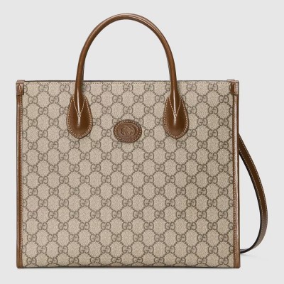 Gucci Small Tote Bag in Beige GG Supreme Canvas with Brown Leather GGBS10906