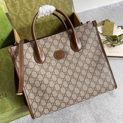 Gucci Small Tote Bag in Beige GG Supreme Canvas with Brown Leather GGBS10906