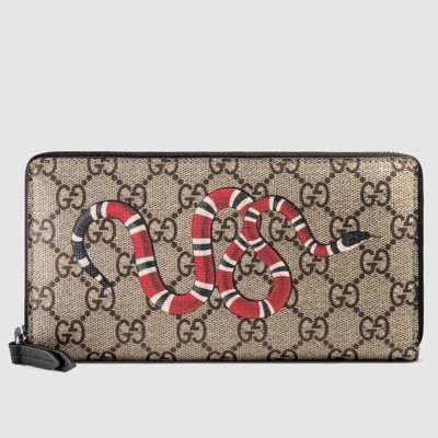 Gucci Zip Around Wallet In Beige Kingsnake Print GG Supreme GGBS10991