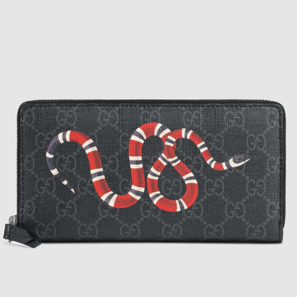 Gucci Zip Around Wallet In Black Kingsnake Print GG Supreme GGBS10994