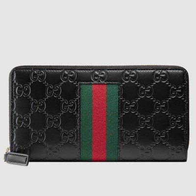 Gucci Zip Around Wallet in Black Signature Leather with Web GGBS10996